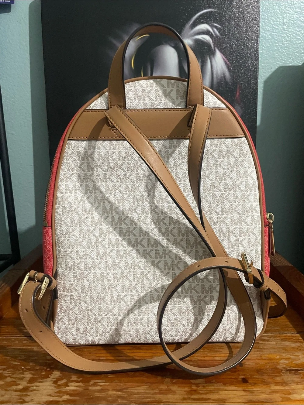 Michael Kors Cream, Red and Brown Signature Logo Backpack